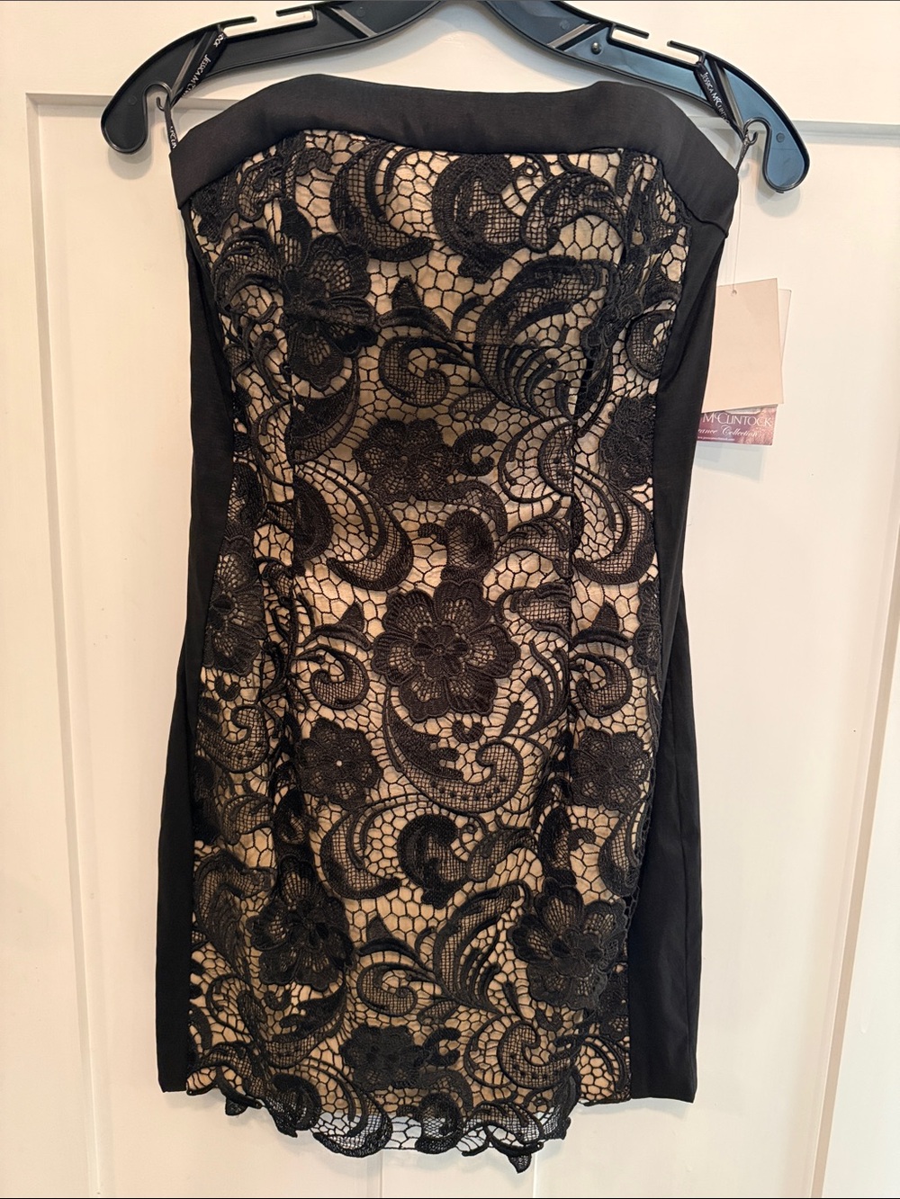 Jessica McClintock Vintage 90s Strapless Black Lace Overlay Dress w/ nude lining